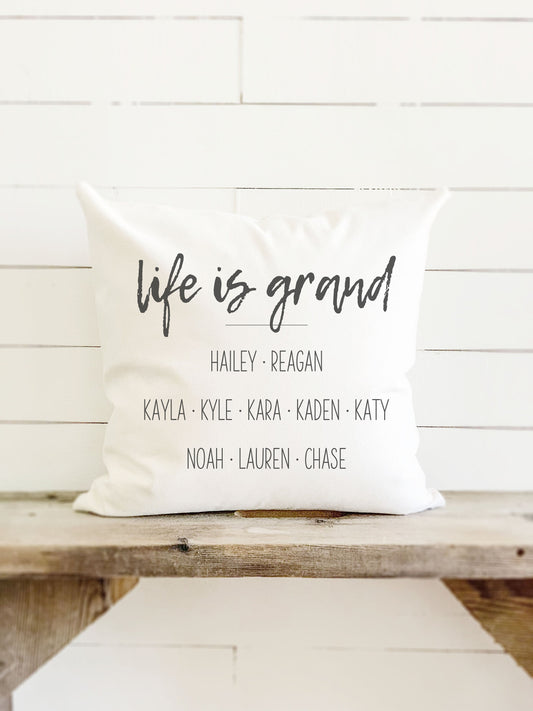 Life is Grand w/ Grandchildren Names - Personalized Square Canvas Pillow